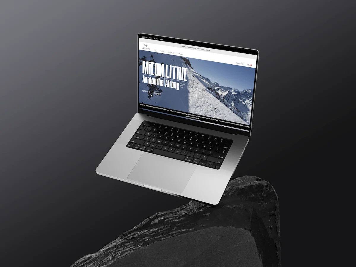 Arc’teryx product landing page displayed on a MacBook